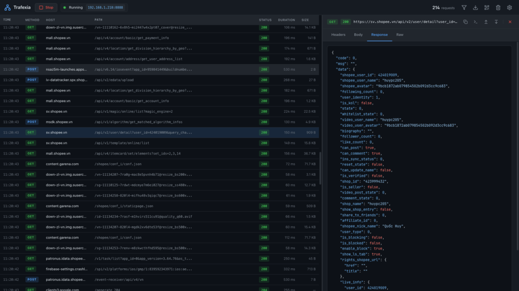 Giao diện người dùng hiện đại của Trafexia hiển thị danh sách các API request